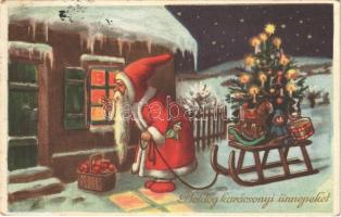 1935 Boldog Karácsonyi Ünnepeket! / Christmas greeting with Saint Nicholas and toys. L&P 2867. (EK)
