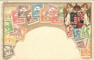 A Magyar kir. Posta bélyegei. Címer dombornyomott litho lap / Set of Hungarian stamps, coat of arms. Philatelie-Ansichtskarte Ottmar Zieher No. 16. Emb. litho