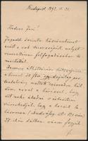 1892 Wekerle Sándor (1848-1921) pénzügyminiszter, miniszterelnök autográf levele Kedves Feri megszólítással, melyben vincellére felvételében adott segítséget köszöni meg. Két beírt oldal, szakadásokkal