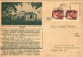 1945 Harkányfürdő, Rudolf Trónörökös Egyesület üdülőháza, Pénzkölcsönt folyósít, takarékbetéteket mindenkitől elfogad a Rudolf Trónörökös Egyesület Takarék- és Hitelszövetkezet, árjegyzék és reklám (EK)
