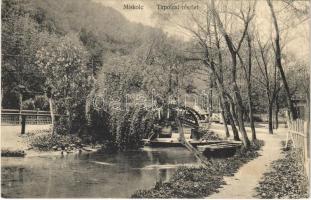 1914 Miskolc, Tapolcai részlet, csónak, híd. Orosz Ferenc felvétele és kiadása