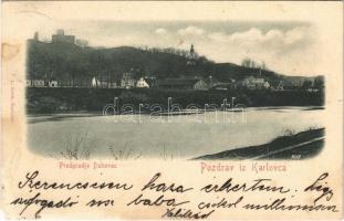 1899 (Vorläufer!) Károlyváros, Karlovac; Predgradje Dubovac / Dobóc vára / castle + FIUME-ZÁGRÁB 64. SZ. mozgóposta (EM)