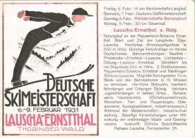 Deutsche Skimeisterschaft 6-9. Februar 1931. Lauscha-Ernsttal Thüringer Wald / German ski championship advertising art postcard, winter sport (EK)