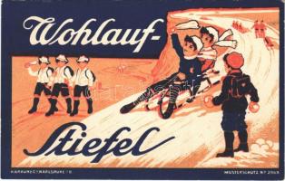 Wohlauf-Stiefel / Wohlauf German boots advertising card with sledding people, winter sport. A. Braun & Co. Musterschutz No. 2969. litho s: Q. W.