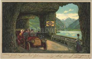 1908 Excelsior Pneumatic / German bicycle and tire shop advertisement art postcard. Lith. & Druck Hollerbaum & Schmidt litho