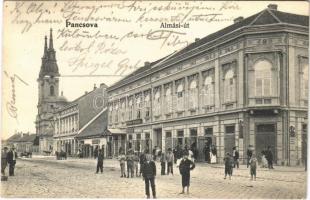 1907 Pancsova, Pancevo; Almási út, templom, üzletek / street, church, shops + magyar posta