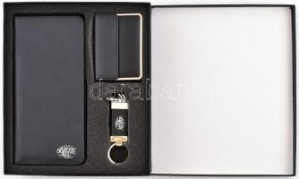 BKJK feliratú ajándékszett eredeti dobozában, közte: kulcstartó, névjegytartó, irat-és bankkártyatartó