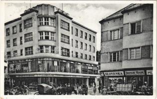 1936 Ungvár, Uzshorod, Uzhhorod, Uzhorod; Zivnodum, Drúzstvo CSL. Legionaru / utcakép, Slovenka, Jaroslav Kolár üzlete / street view, shops