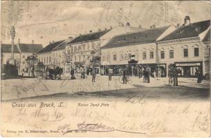 1904 Lajtabruck, Bruck an der Leitha; Kaiser Josef Platz, Roth Haus / square, shops / tér, Johann Hackhofer üzlete