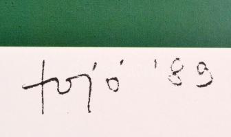 Fajó János (1937-2018): Kék és zöld. Szitanyomat reprodukció, papír, jelzett 26x26 cm