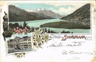 1897 (Vorläufer!) Silvaplana (Engadin), Hotels zur Post und Wildenmann, Familie Heinz / hotels. Art Nouveau, floral, litho (surface damage)