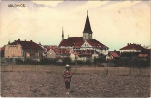 1917 Milovice, general view, church (fl)