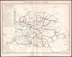 cca 1893 2 db vasúttal kapcsolatos térkép és nyomat a Pallas Nagy Lexikonából: Magyarország vasúti térképe, 21x8 cm + A m. kir. államvasutak menetrendábrája Budapest-Fiume között, nyomat, lap alján kisebb szakadással