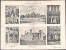 cca 1893 Budapesti épületek, Pallas Nagy Lexikona, 8 db nyomat