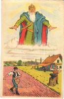 Szent István országa,a nagy király még mindig óvja azt / Hungarian irredenta art postcard, Stephen I of Hungary (EK)