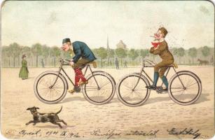 1901 Men on bicycle, humour, litho