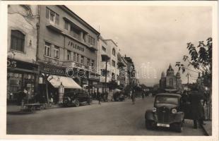 1941 Marosvásárhely, Targu Mures; Fő tér, Splendid szálló, Kertész Rezső és Révész Béla rt. üzlete / hotel, main square, shops, automobile