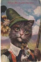 Auf der Alm, da gibts koa Sünd / Tyrolean cat art postcard s: Arthur Thiele (r)