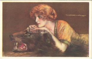 1922 Italian art postcard, lady with bear. Anna & Gasparini 371-3. s: T. Corbella