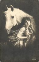 Lady with horse art postcard (EM)