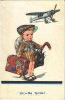 Karjaidba repülök! / Children art postcard, airplane. EAS Nr. 2106. (EK)