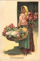 Wiener Blumenweib. Veltens Künstlerpostkarte No. 306. E. Nister Lith. / Austrian folklore, flower vendor lady litho s: H. Junker (EK)