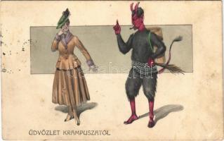 1917 Üdvözlet a Krampusztól / Krampus with lady. H.H.i.W. Serie 1626. (EK)