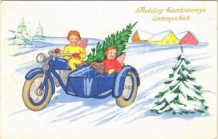 1936 Boldog Karácsonyi Ünnepeket! / Christmas greeting with angels driving a motorcycle with sidecar (EK)