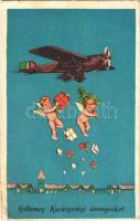 1938 Kellemes Karácsonyi Ünnepeket / Christmas greeting with airplane and angels. STEPA 199. (EB)