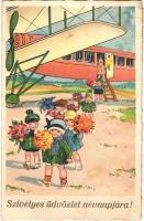 1938 Szívélyes üdvözlet névnapjára! / Name Day greeting card, children with flowers and airplane (EK)