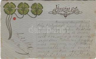 1901 Üdvözlet / Art Nouveau greeting card with clovers. Emb. litho (EK)