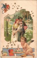 Greeting card with Romantic couple, Cupid with cake. Emb. litho (szakadás / tear)