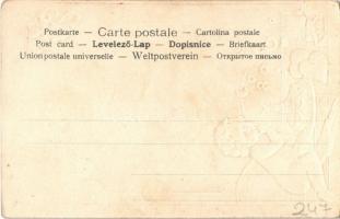 Greeting card with Romantic couple, Cupid with cake. Emb. litho (szakadás / tear)