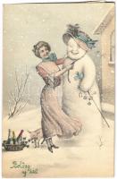 1912 Boldog Újévet! / New Year greeting card, lady with snowman, pig and champagne. V.K. Vienne 5261.