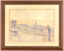 Gy. (Gyirmóti) Farkas Géza (1894-1966): Budapesti látkép a Lánchíddal. Akvarell, papír, jelzés nélkü...