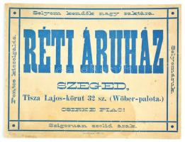 cca 1900 Szeged, Réti áruház selyemárú üzlet karton reklám tábla. Jó állapotban. 29x22 cm