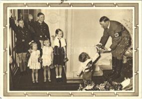 Adolf Hitler with little children and Hitlerjugend. NSDAP German Nazi Party propaganda, swastika. 6+19 Ga. + 50. Geburtstag des Führers. Memel Deutsch das Memelland So. Stpl. (EK)