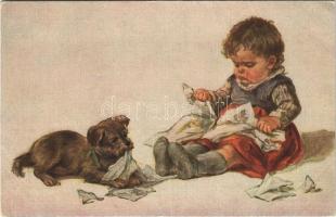 Das unzerreißbare Bilderbuch / Children art postcard, child with dog. A.R. & C.i.B. No. 1101/1. (fl)