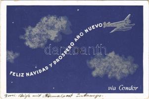 1937 Feliz Navidad y Prospero Ano Nuevo! Via Condor. Lufthansa / German airline advertising card with Christmas and New Year greeting, seaplane + Légi postával érkezett (EB)