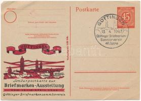 1947 Göttingen. Sonderpostkarte zur Briefmarken-Ausstellung vom 13.-16. April 1947. Göttinger Briefmarkensammlerverein / Göttingen Stamp Exhibition advertising card + So. Stpl. (EB)