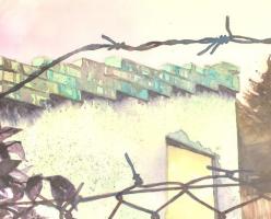 2008 Ligeti Miklós (1982- ): A kerítés mögött, (Wekerlei részlet), akvarell, papír, jelzett, 46x47 c...