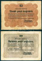 1849. 15kr T:III+ + 30kr "*"-gal "Kossuth bankó" T:III felső szélen gyári eredetű hiány