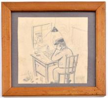 Garay jelzéssel: Katona. Ceruza, papír, üvegezett fa keretben, 13x12,5 cm