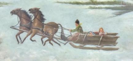 Peske Géza jelzéssel: Téli lovas szán. Olaj, karton.  Kissé sérült fa keretben. 50x80 cm