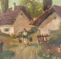 Barsi B jelzéssel: Faluvége. Olaj, karton. Sérült fa keretben. 50x70 cm