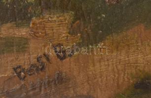 Barsi B jelzéssel: Faluvége. Olaj, karton. Sérült fa keretben. 50x70 cm