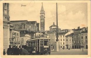 1918 Piran, Pirano; street view, tram, tram stop, shops. Cartoleria M. Cattai (EK)