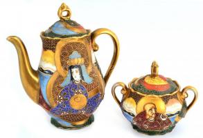 Szacuma kávés készlet, 2 személyre, kézzel festett, magyar tervezővel (Bereznay W. jelzéssel), kopás...