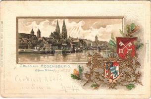 1902 Regensburg, Eiserne Brücke / bridge. Verlag v. Jakob Fränkel No. 255. Passepartoutkarte. Art Nouveau, coat of arms, Emb. litho (EK)
