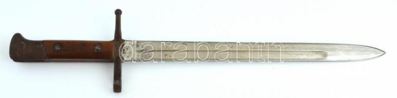 Olasz bajonett, pengén Terni jelzéssel, fa és fém markolattal, bőr és fém tokban, penge hossz: 30 cm...